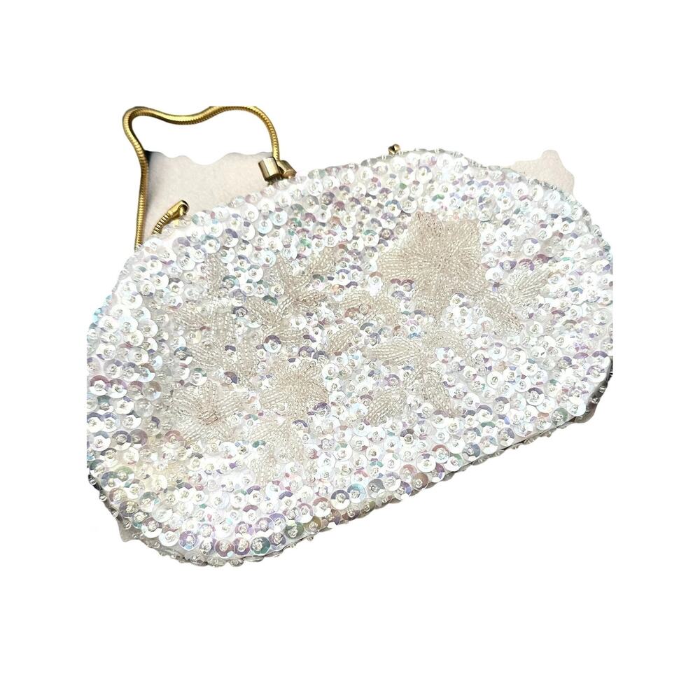 Vintage 1950's White Aurora Borealis Sequin Clutch with Hidden Snake Chain